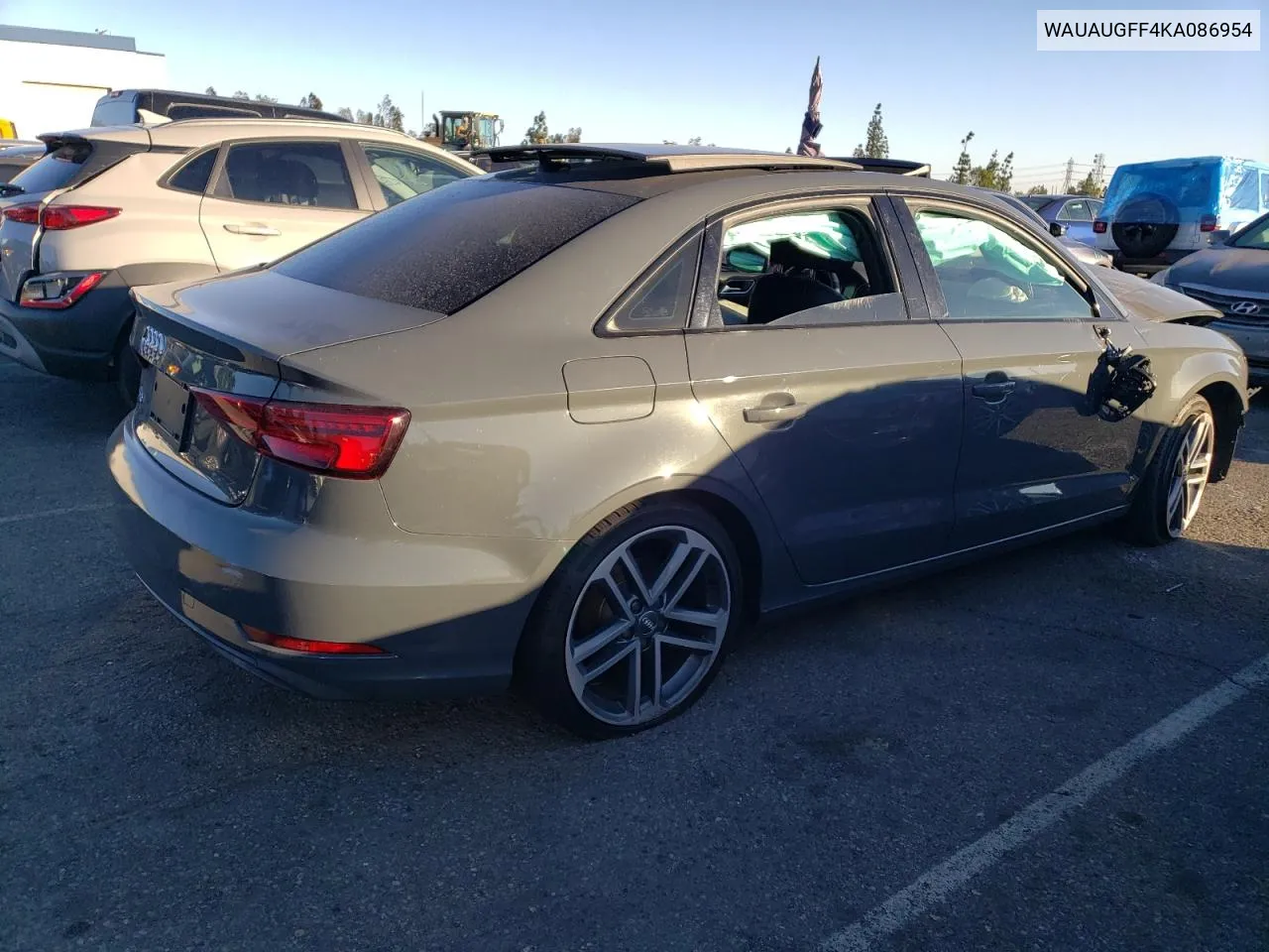 2019 Audi A3 Premium VIN: WAUAUGFF4KA086954 Lot: 77272303