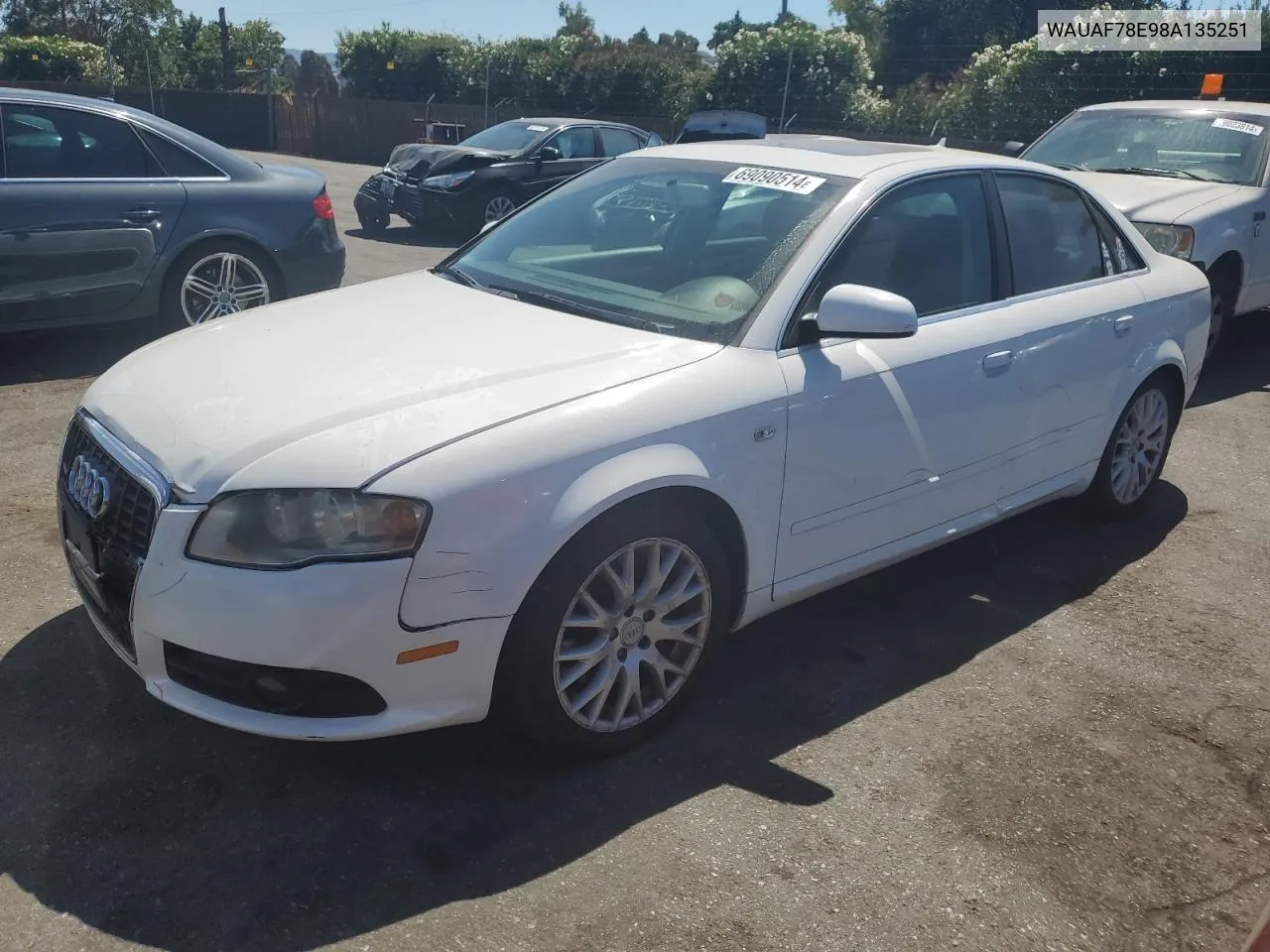 2008 Audi A4 2.0T VIN: WAUAF78E98A135251 Lot: 69090514