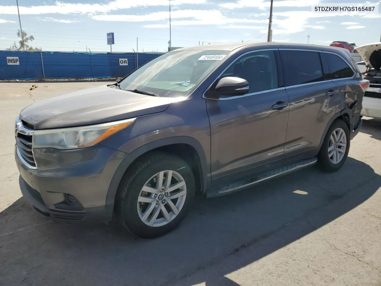 2016 Toyota Highlander Le VIN: 5TDZKRFH7GS165487 Lot: 72449104