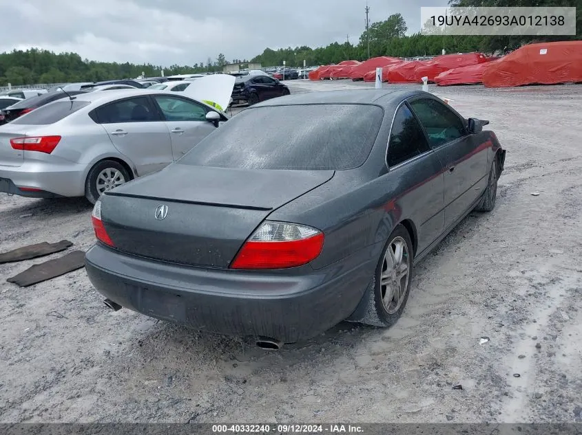 2003 Acura 3.2Cl Type-S VIN: 19UYA42693A012138 Lot: 40332240