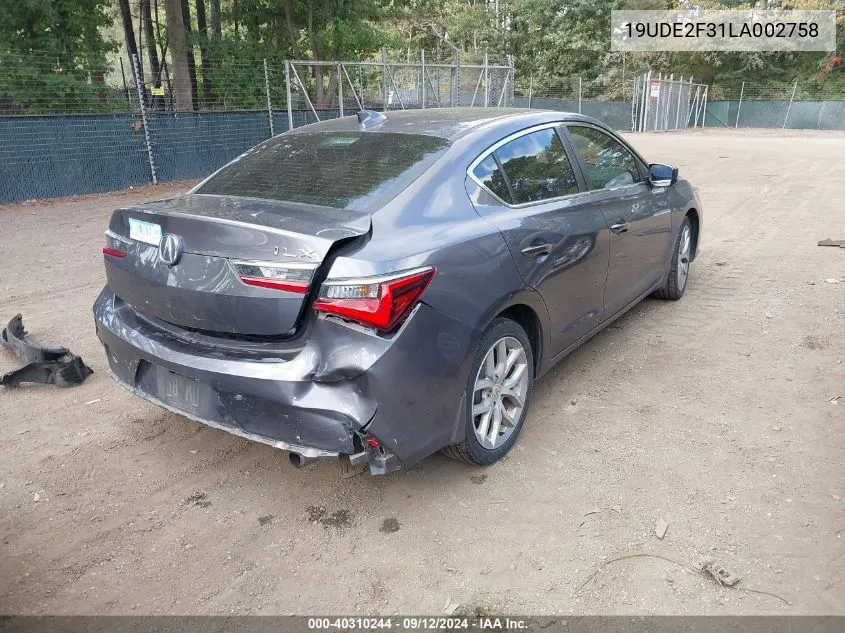 2020 Acura Ilx VIN: 19UDE2F31LA002758 Lot: 40310244