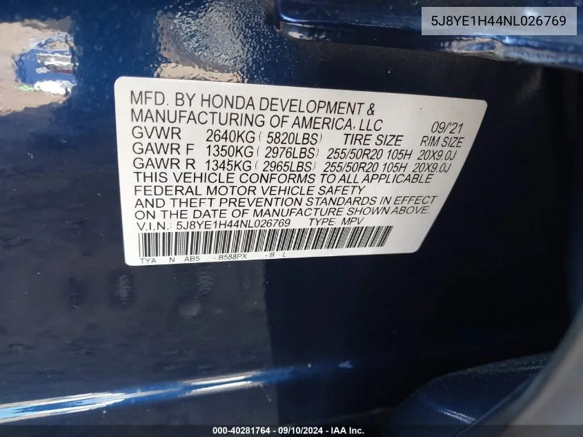 2022 Acura Mdx Technology VIN: 5J8YE1H44NL026769 Lot: 40281764