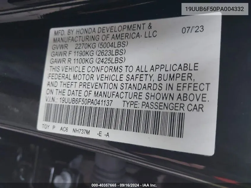 19UUB6F50PA004332 2023 Acura Tlx A-Spec Package