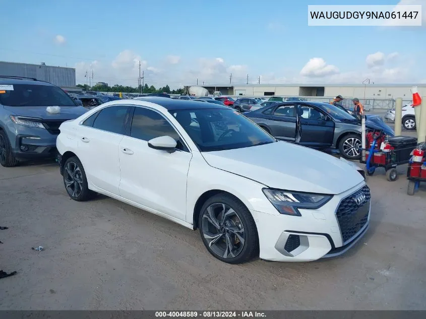 2022 Audi A3 Premium 40 Tfsi Quattro S Tronic VIN: WAUGUDGY9NA061447 Lot: 40048589