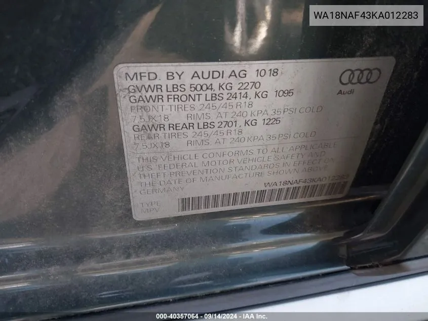 WA18NAF43KA012283 2019 Audi A4 Allroad 45 Premium