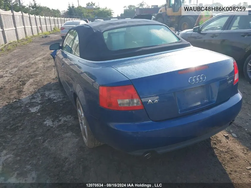 2006 Audi A4 S-Line 1.8 Turbo VIN: WAUBC48H86K008259 Lot: 12070534