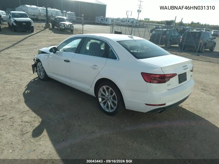 2017 Audi A4 Progressiv VIN: WAUBNAF46HN031310 Lot: 30043443