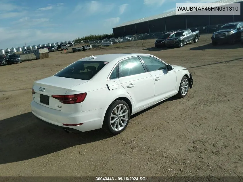 2017 Audi A4 Progressiv VIN: WAUBNAF46HN031310 Lot: 30043443