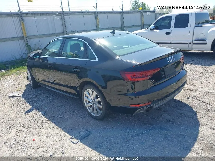 2018 Audi A4 Sedan VIN: WAUANAF44JA146772 Lot: 12085402