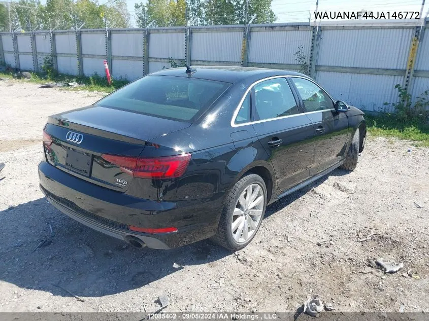 2018 Audi A4 Sedan VIN: WAUANAF44JA146772 Lot: 12085402