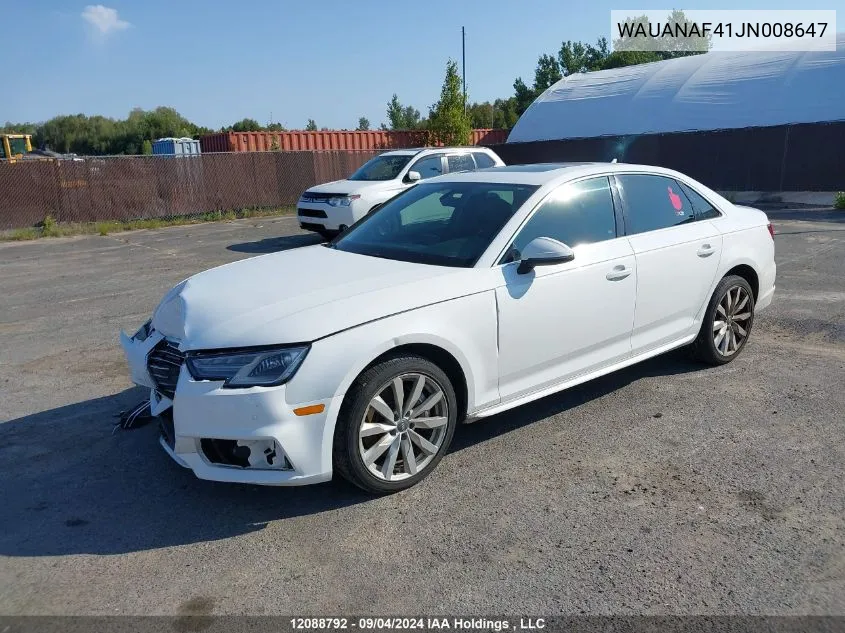 2018 Audi A4 Sedan VIN: WAUANAF41JN008647 Lot: 12088792