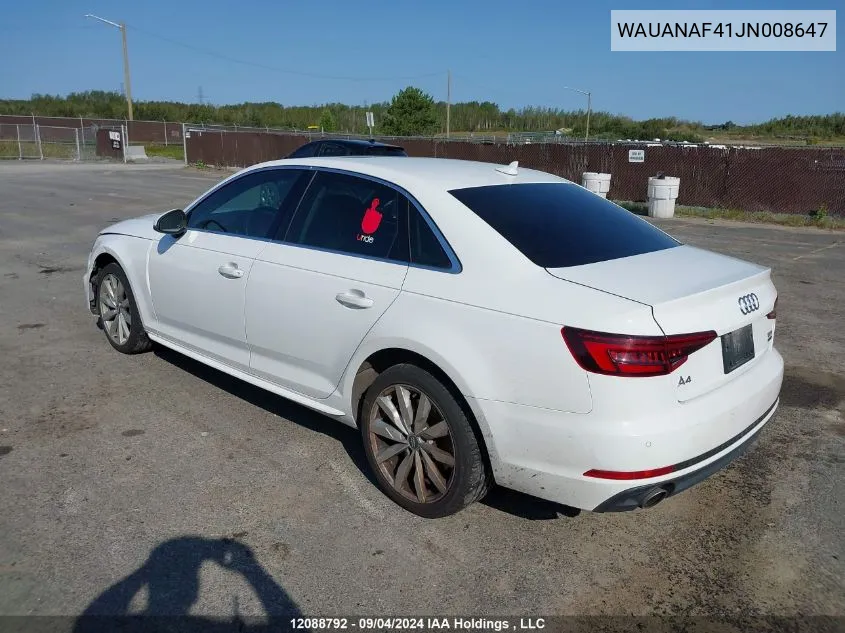 2018 Audi A4 Sedan VIN: WAUANAF41JN008647 Lot: 12088792