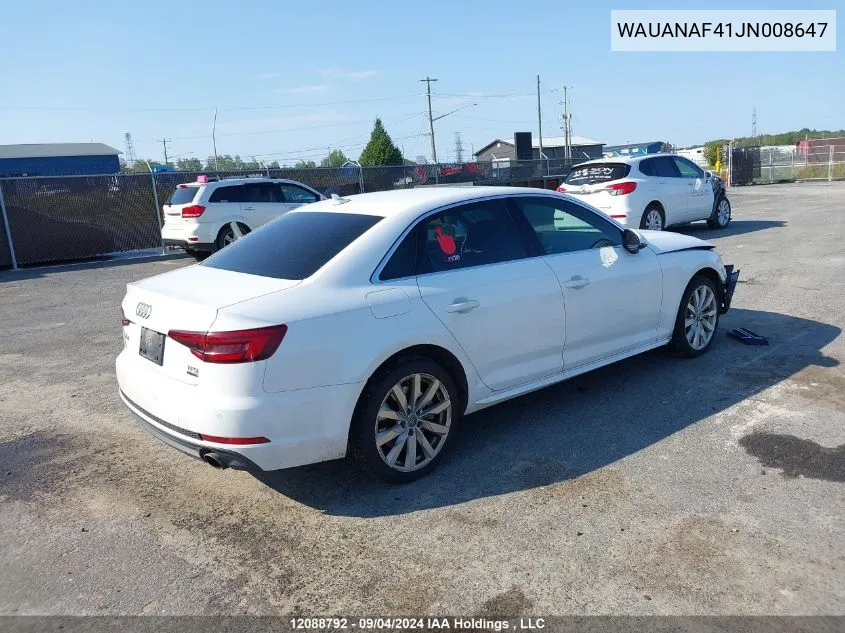 2018 Audi A4 Sedan VIN: WAUANAF41JN008647 Lot: 12088792