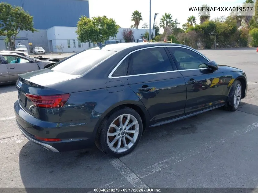 2019 Audi A4 45 Premium VIN: WAUENAF4XKA019527 Lot: 40218279