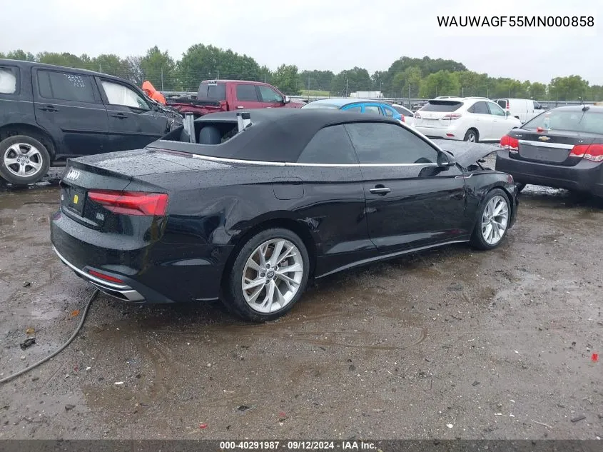 2021 Audi A5 Cabriolet Premium Plus 45 Tfsi Quattro S Tronic VIN: WAUWAGF55MN000858 Lot: 40291987