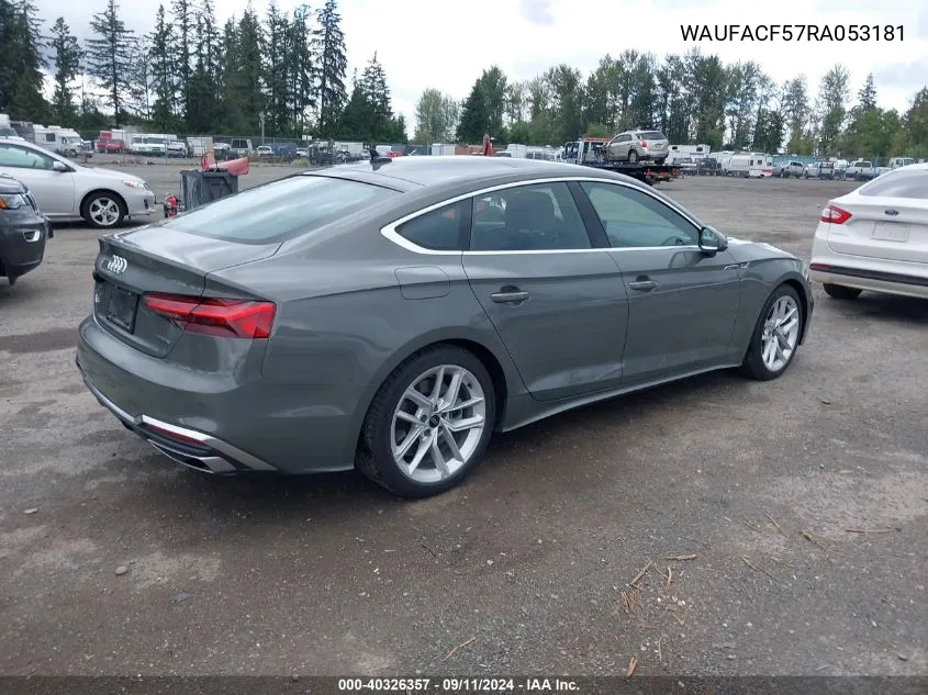 2024 Audi A5 Sportback Premium Plus 45 Tfsi Quattro S Tronic VIN: WAUFACF57RA053181 Lot: 40326357