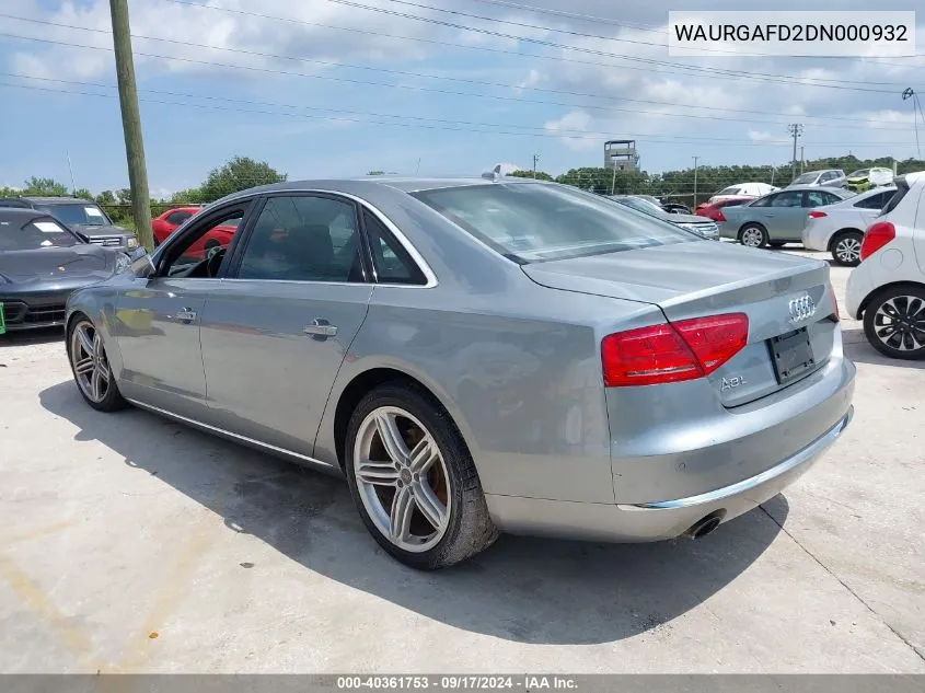 2013 Audi A8 L 3.0T VIN: WAURGAFD2DN000932 Lot: 40361753