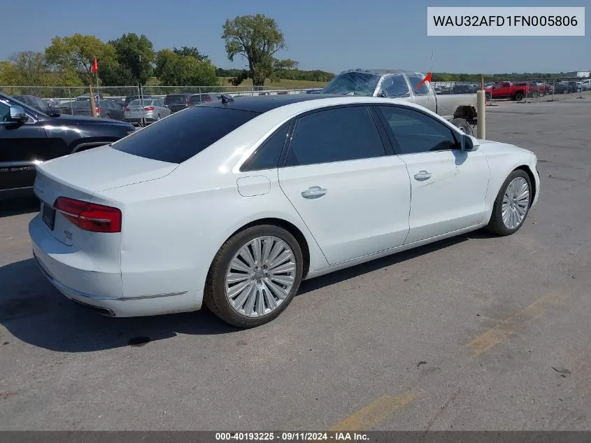 2015 Audi A8 L L Quattro VIN: WAU32AFD1FN005806 Lot: 40193225