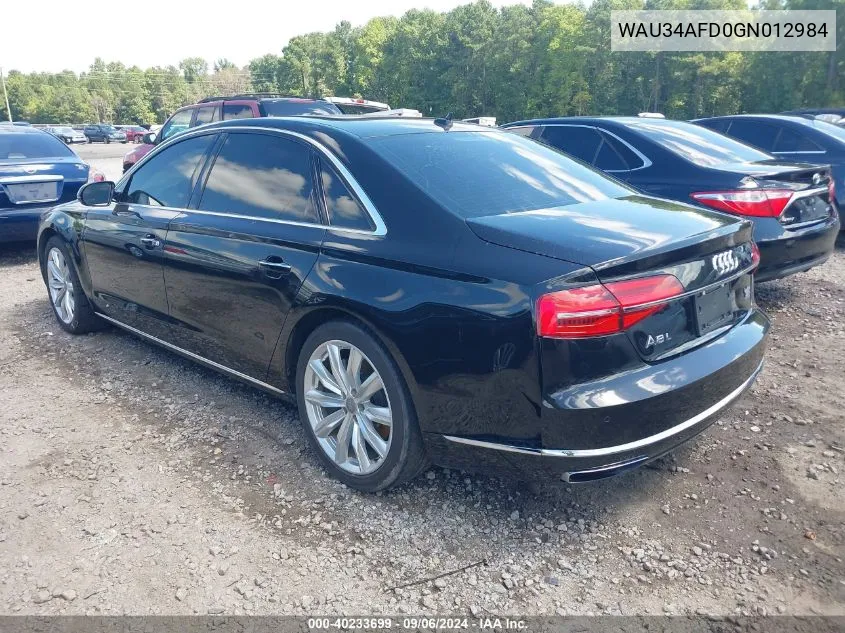 2016 Audi A8 L 3.0T VIN: WAU34AFD0GN012984 Lot: 40233699