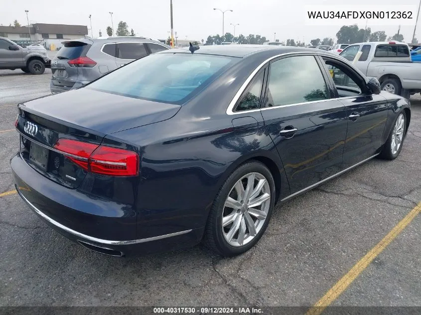 2016 Audi A8 L Quattro VIN: WAU34AFDXGN012362 Lot: 40317530