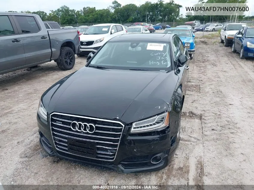 2017 Audi A8 L 4.0T Sport VIN: WAU43AFD7HN007600 Lot: 40321916