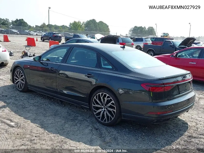 2021 Audi A8 L L VIN: WAU8EAF8XMN027929 Lot: 40298228