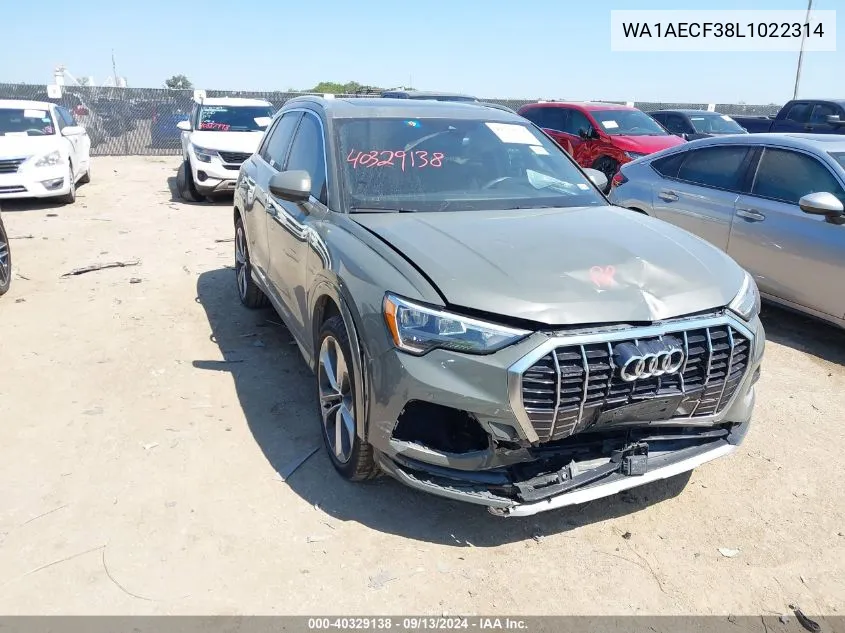 2020 Audi Q3 Premium VIN: WA1AECF38L1022314 Lot: 40329138