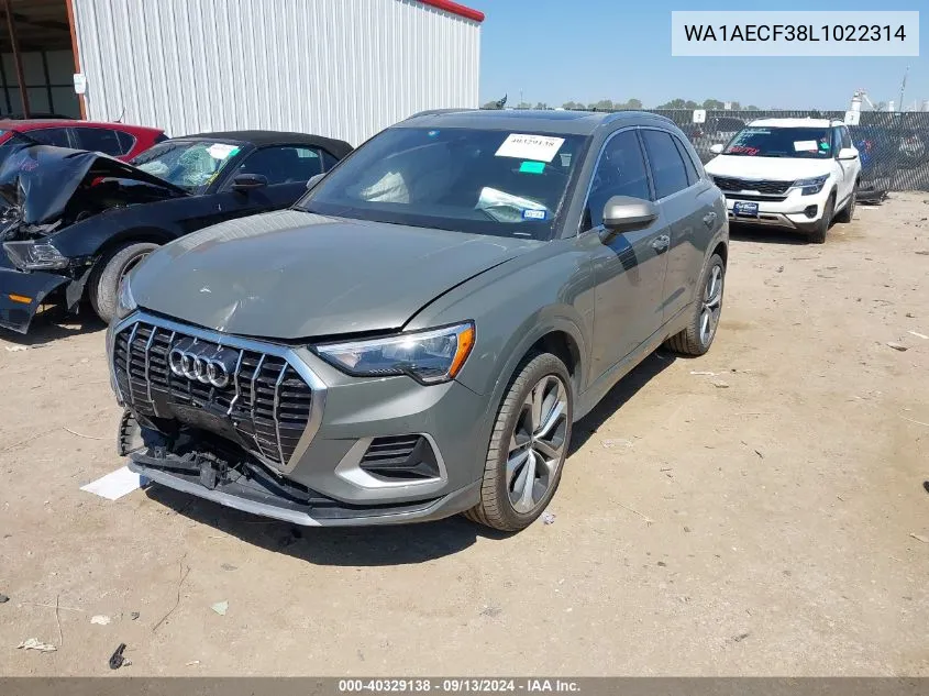 2020 Audi Q3 Premium VIN: WA1AECF38L1022314 Lot: 40329138