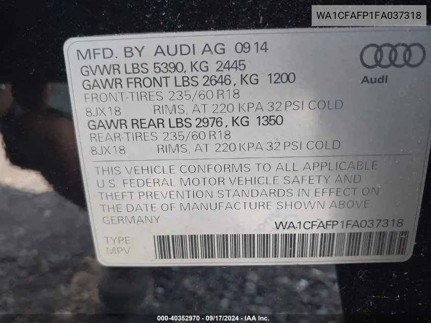 WA1CFAFP1FA037318 2015 Audi Q5 2.0T Premium