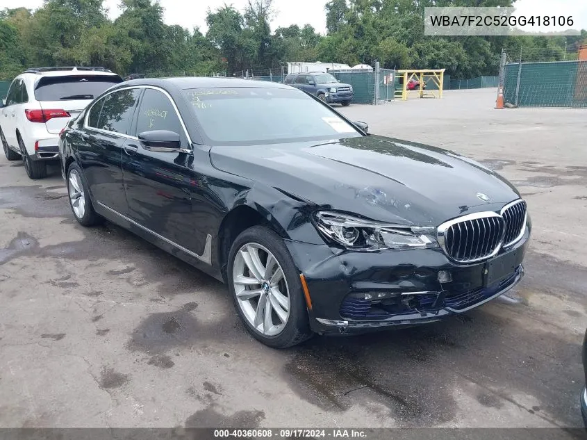 2016 BMW 750I xDrive VIN: WBA7F2C52GG418106 Lot: 40360608