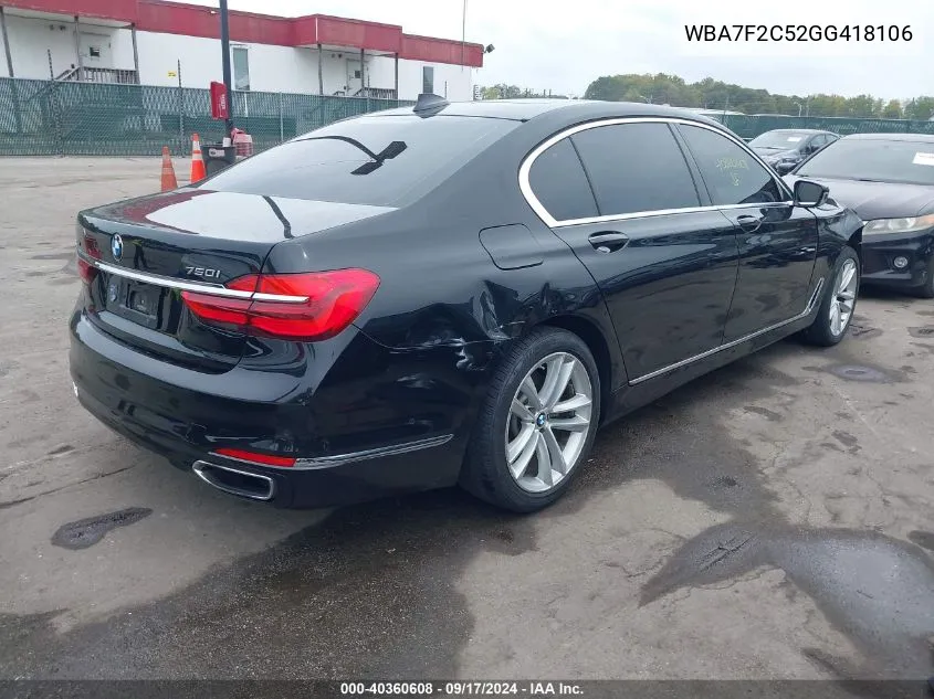 2016 BMW 750I xDrive VIN: WBA7F2C52GG418106 Lot: 40360608