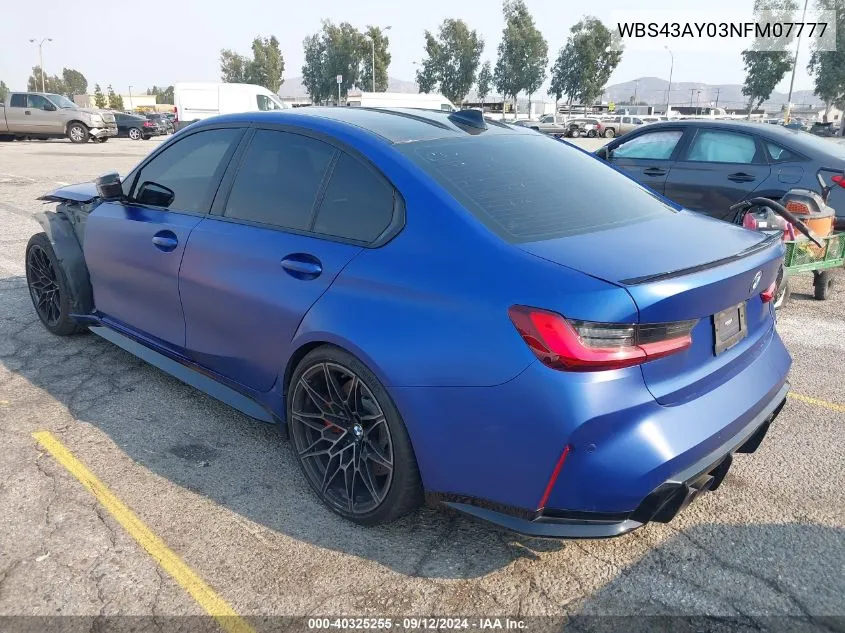 2022 BMW M3 Competition xDrive VIN: WBS43AY03NFM07777 Lot: 40325255