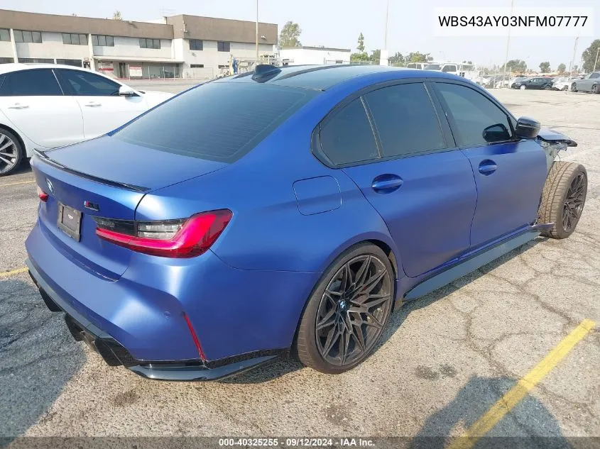 2022 BMW M3 Competition xDrive VIN: WBS43AY03NFM07777 Lot: 40325255