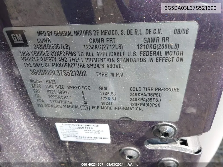 3G5DA03L37S521390 2007 Buick Rendezvous Cxl