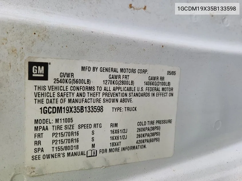 1GCDM19X35B133598 2005 Chevrolet Astro