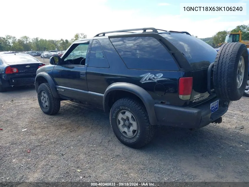 2003 Chevrolet Blazer VIN: 1GNCT18X63K106240 Lot: 40340833