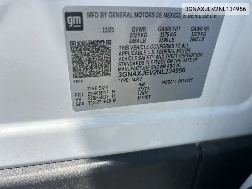 3GNAXJEV2NL134956 2022 Chevrolet Equinox Lt