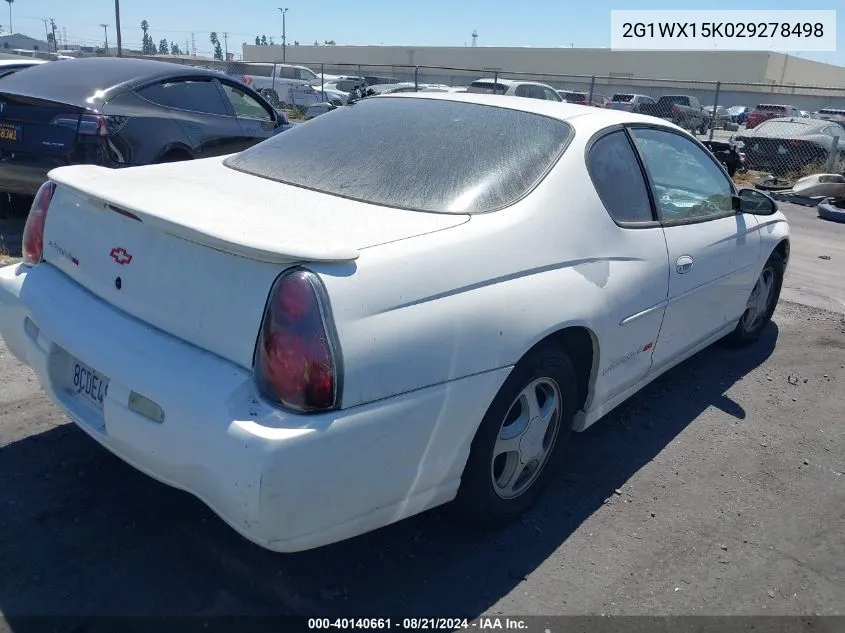 2002 Chevrolet Monte Carlo Ss VIN: 2G1WX15K029278498 Lot: 40140661