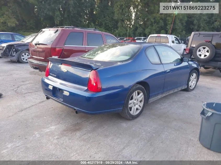 2006 Chevrolet Monte Carlo Lt VIN: 2G1WK151869223275 Lot: 40217919