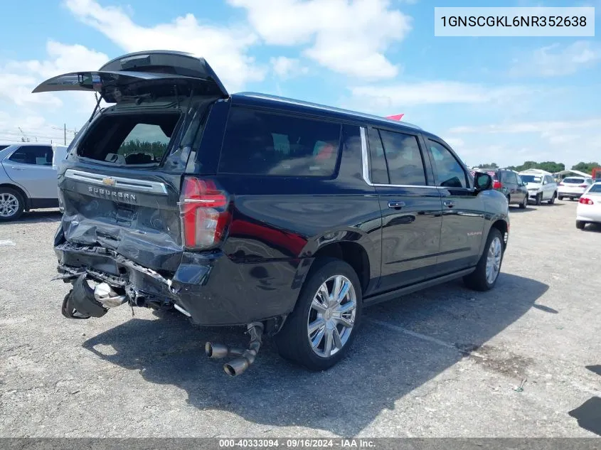 2022 Chevrolet Suburban C1500 High Country VIN: 1GNSCGKL6NR352638 Lot: 40333094