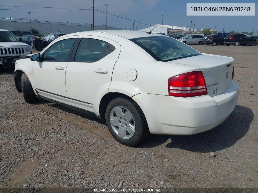 2008 Dodge Avenger Se VIN: 1B3LC46K28N670248 Lot: 40353525