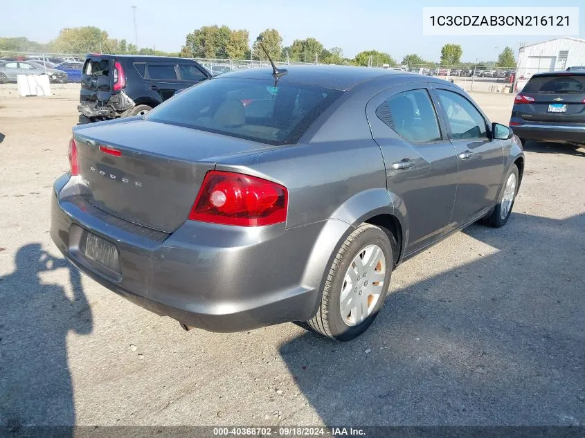 2012 Dodge Avenger Se VIN: 1C3CDZAB3CN216121 Lot: 40368702