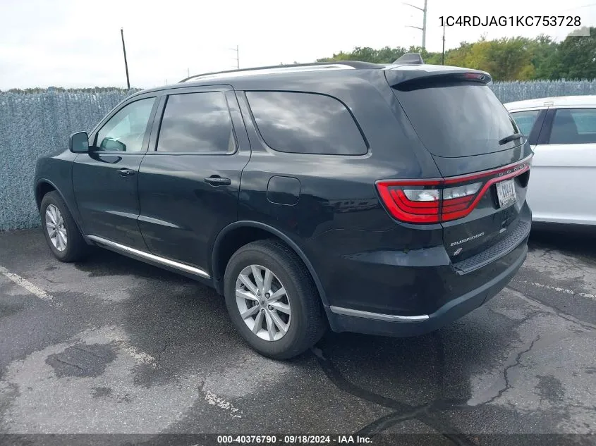 2019 Dodge Durango Sxt VIN: 1C4RDJAG1KC753728 Lot: 40376790