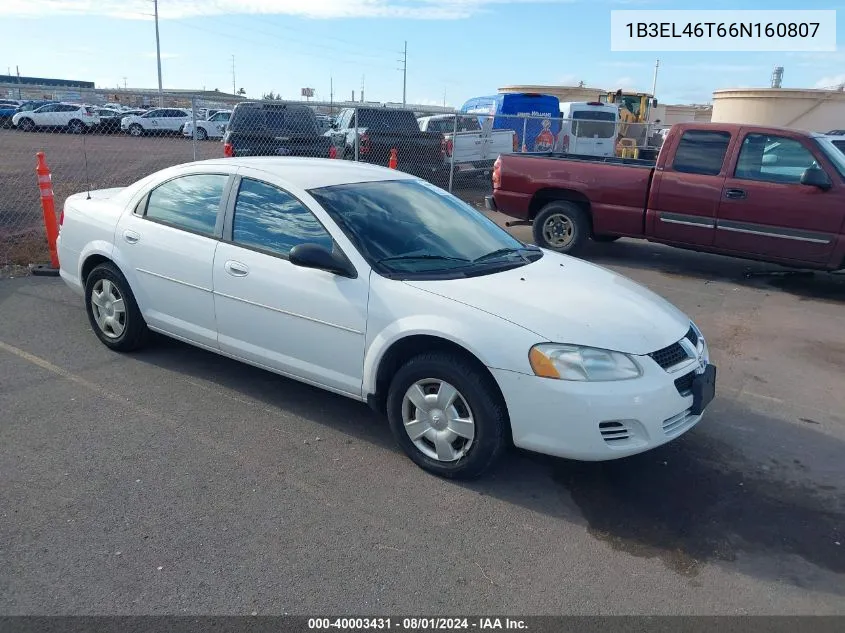 2006 Dodge Stratus Sxt VIN: 1B3EL46T66N160807 Lot: 40003431