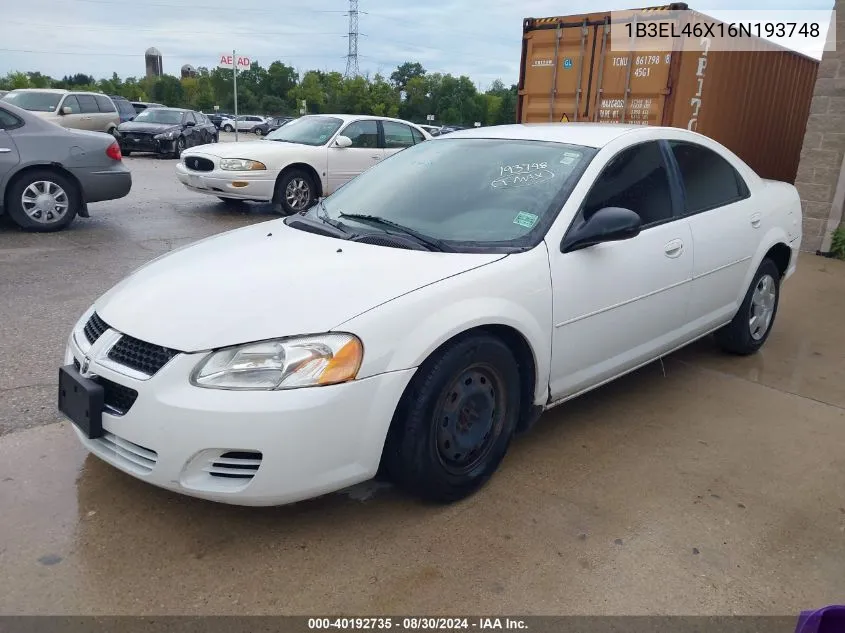 2006 Dodge Stratus Sxt VIN: 1B3EL46X16N193748 Lot: 40192735