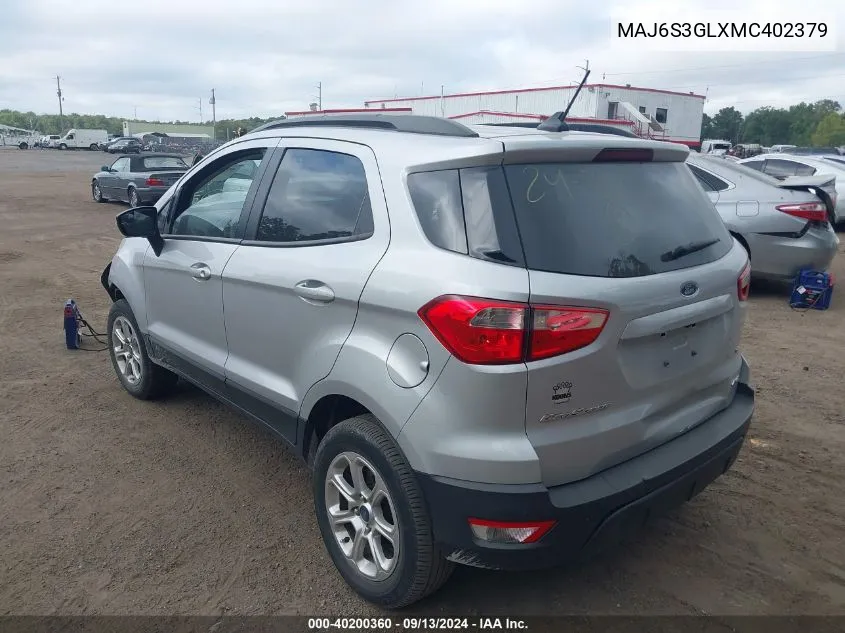 2021 Ford Ecosport Se VIN: MAJ6S3GLXMC402379 Lot: 40200360