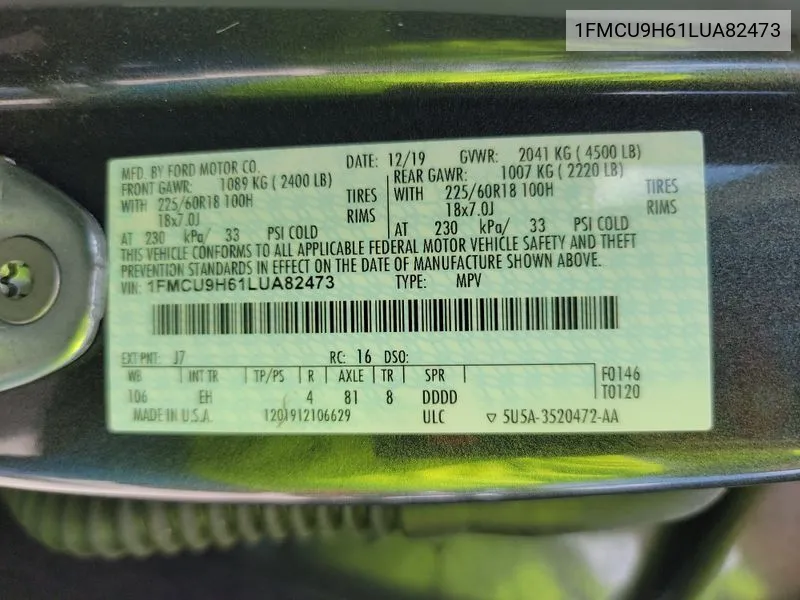 1FMCU9H61LUA82473 2020 Ford Escape Sel