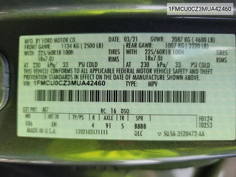 1FMCU0CZ3MUA42460 2021 Ford Escape Sel