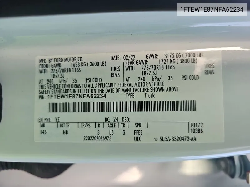 2022 Ford F150 Supercrew VIN: 1FTEW1E87NFA62234 Lot: 40363481