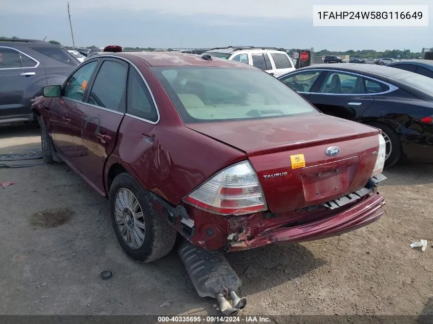 2008 Ford Taurus Sel VIN: 1FAHP24W58G116649 Lot: 40335695